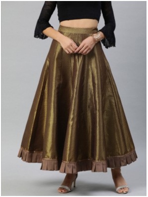 Women Brown & Golden Silk Blend Ruffle Border Skirt